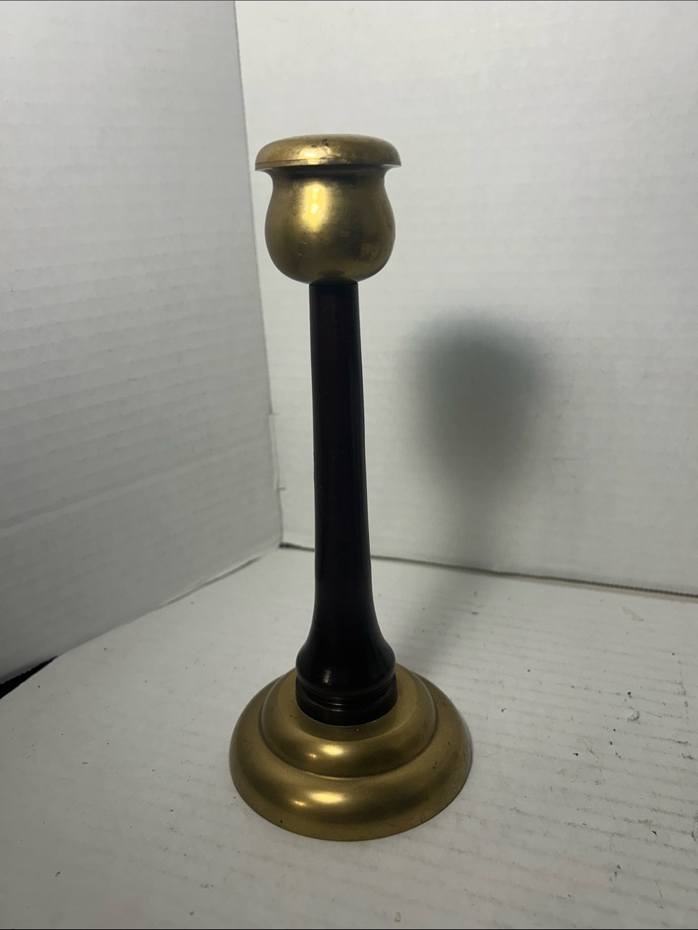 Vintage Brass and Dark Wood Candlestick Holder